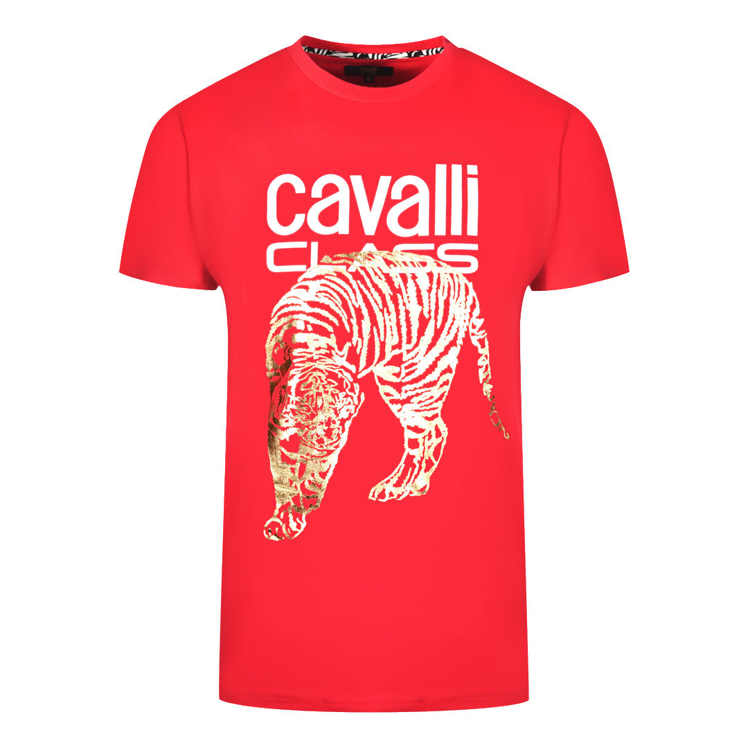 Cavalli Class Large Gold Tiger Stencil Logo Red T-Shirt
