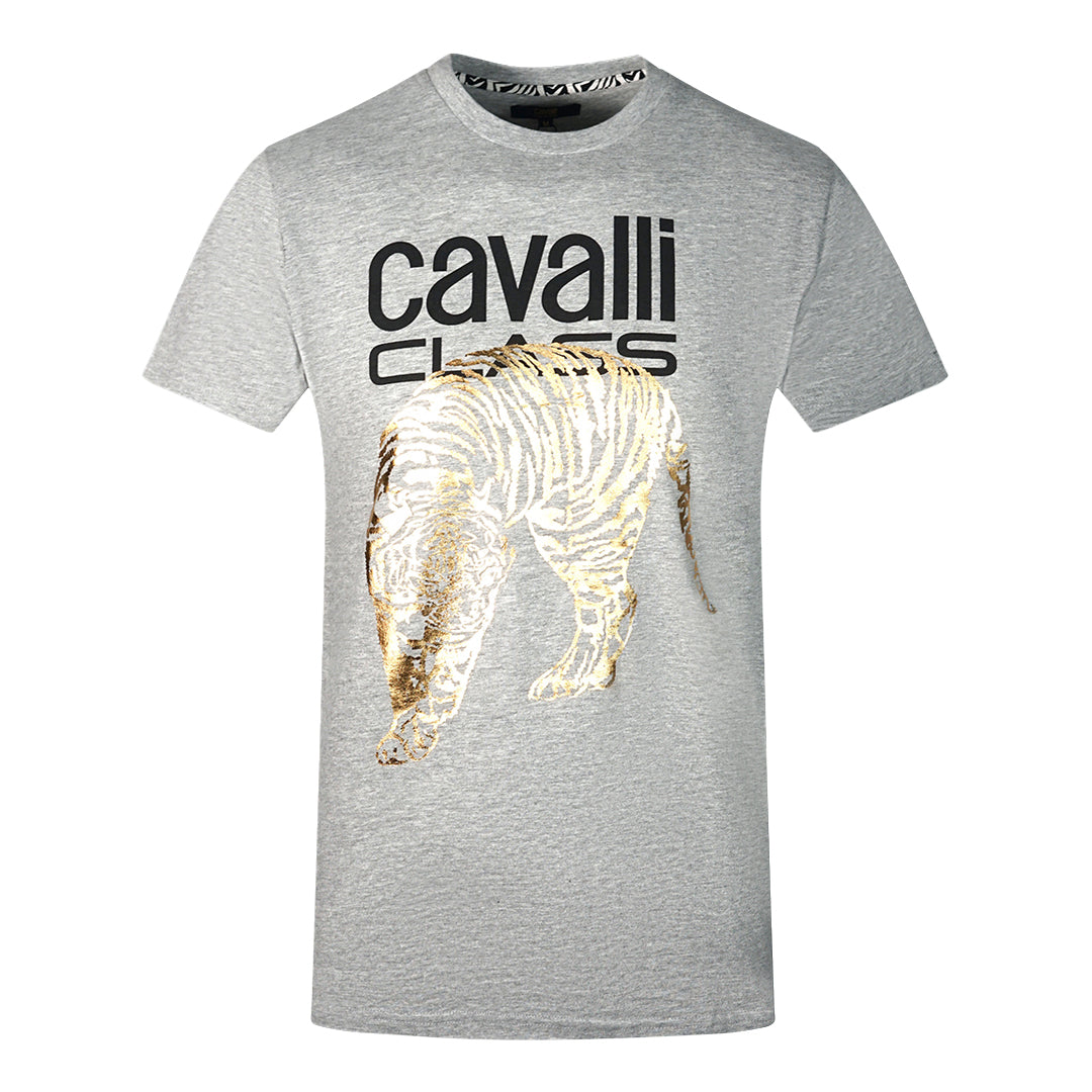 Cavalli Class Large Gold Tiger Stencil Logo Grey T-Shirt - XKX LONDON