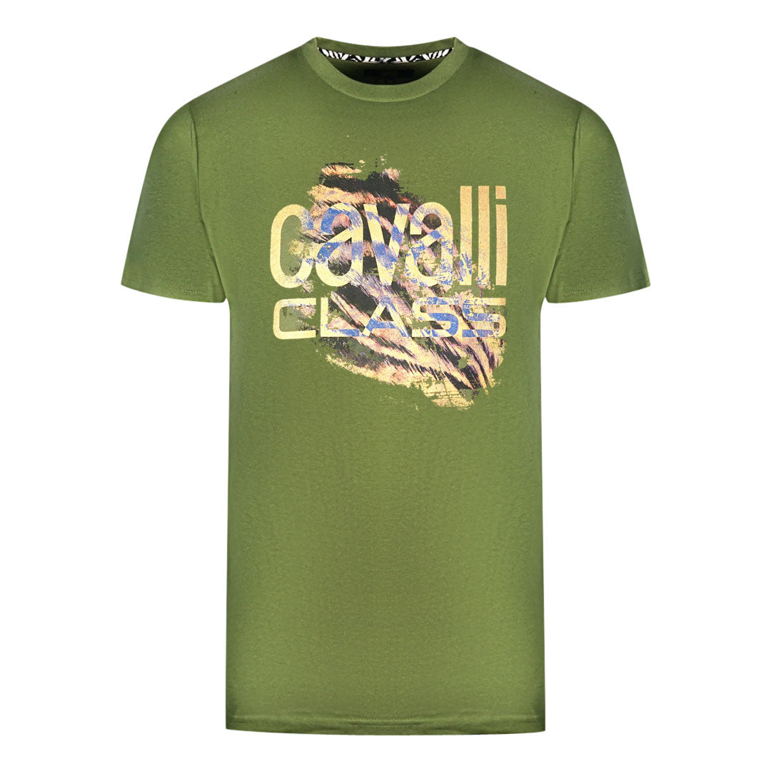 Cavalli Class Slashed Tiger Print Bold Logo Green T-Shirt