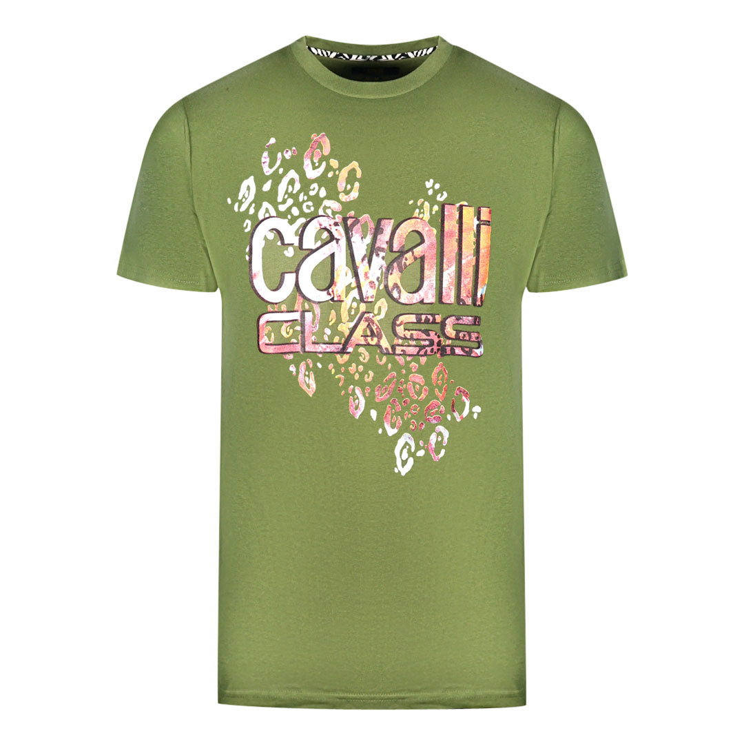 Cavalli Class Leopard Print Logo Green T-Shirt Cavalli Class