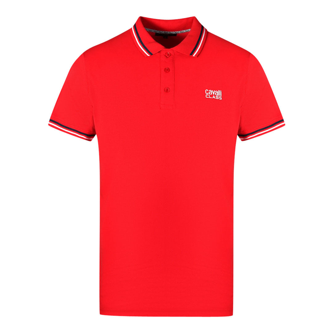 Cavalli Class Twinned Tipped Collar White Logo Red Polo Shirt