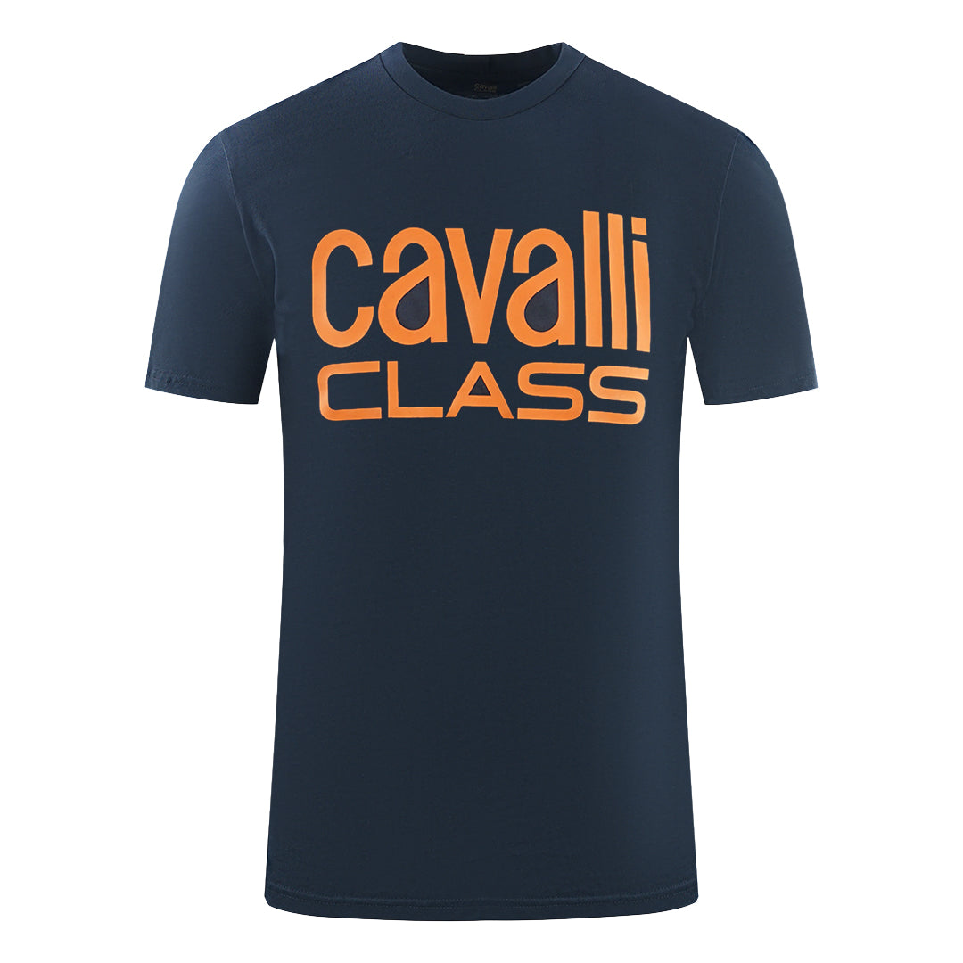 Cavalli Class Bold Orange Logo Navy Blue T-Shirt - XKX LONDON