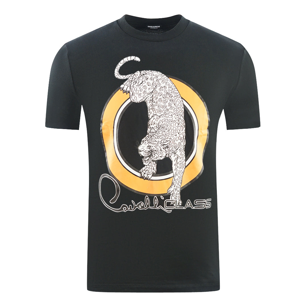 Cavalli Class Circular Leopard Logo Black T-Shirt