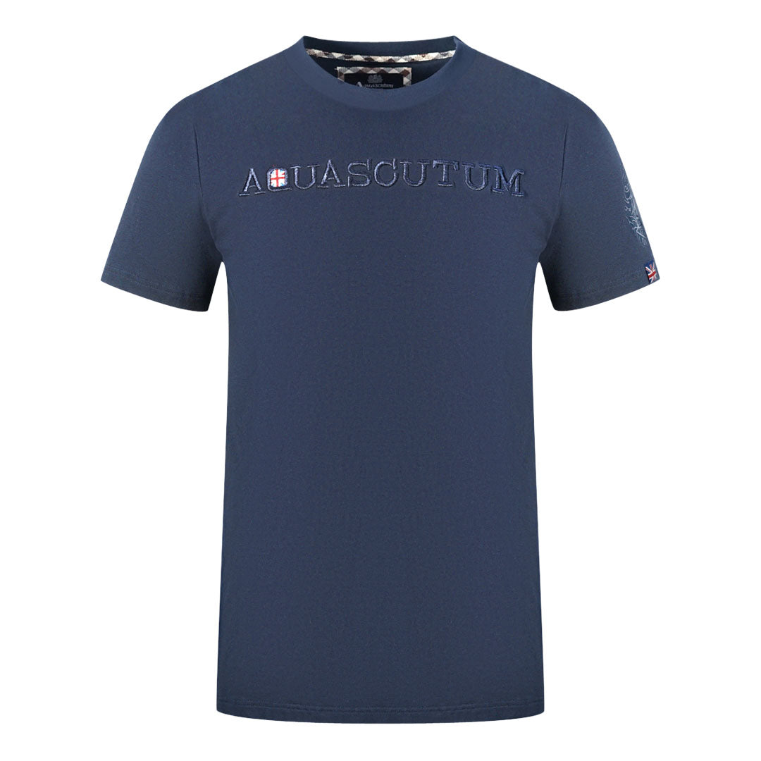 Aquascutum Brand Embossed Logo Navy Blue T-Shirt Aquascutum