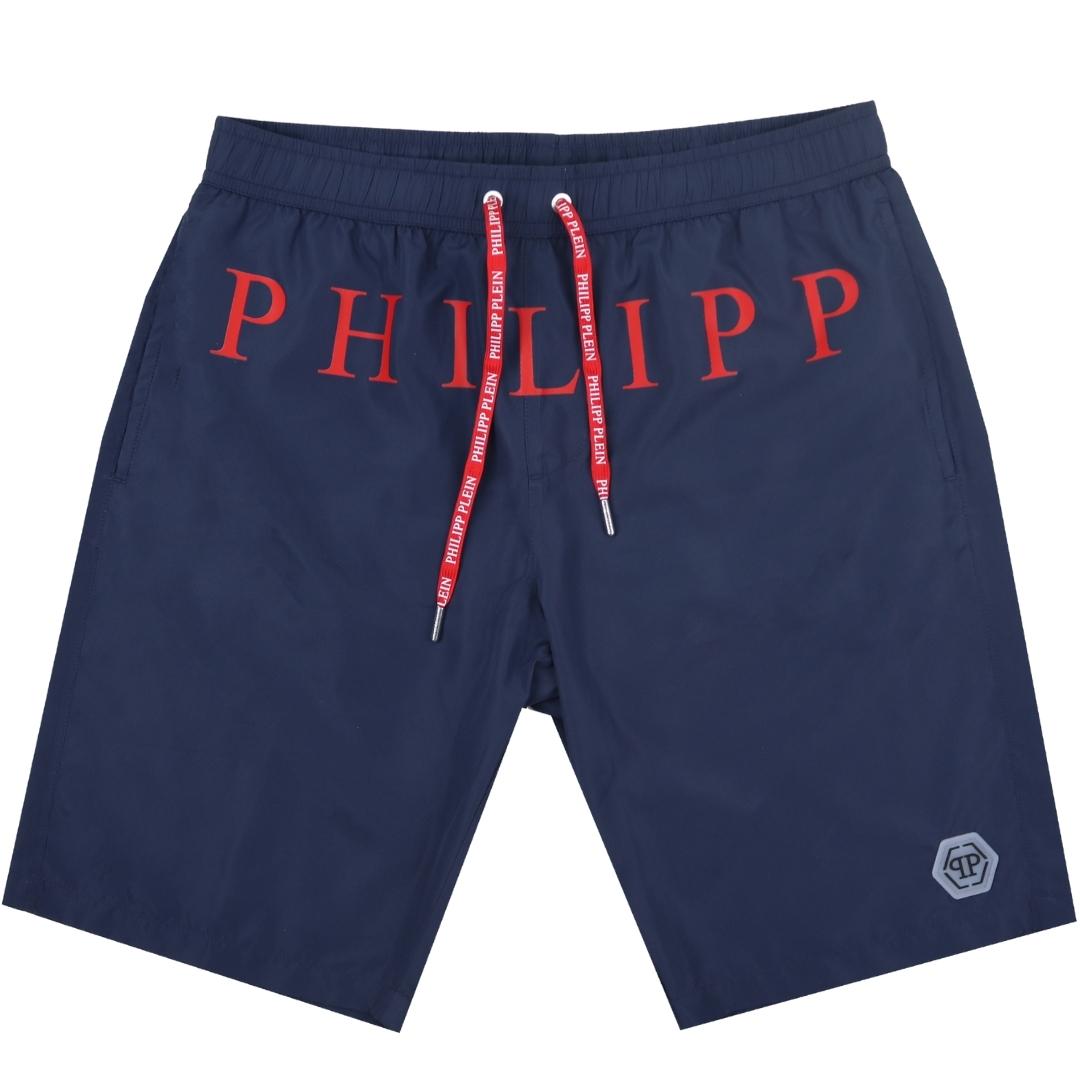 Philipp Plein Red Brand Logo Navy Blue Swim Shorts - XKX LONDON