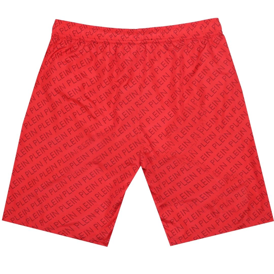Philipp Plein Repetitive Logo Long Red Swim Shorts